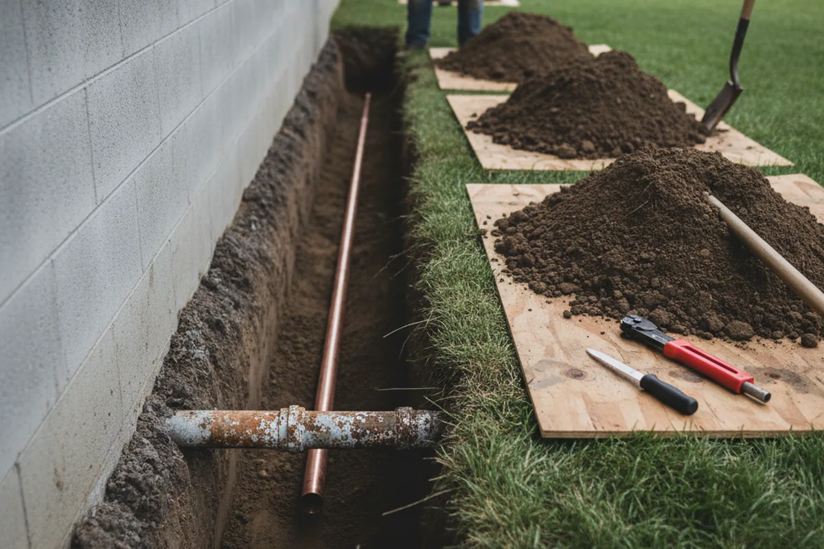 Excavated water line trench during Sewer Line Repair in East Dennis